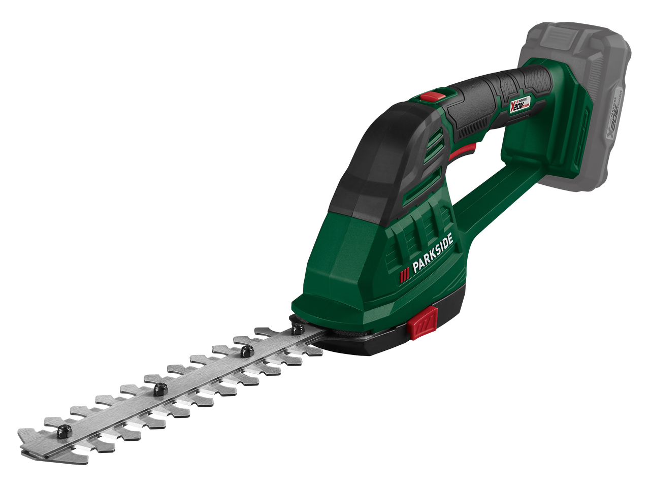 Akkumulátoros sövényvágó zöld és fekete színben, fém pengékkel és szürke akkumulátorral.