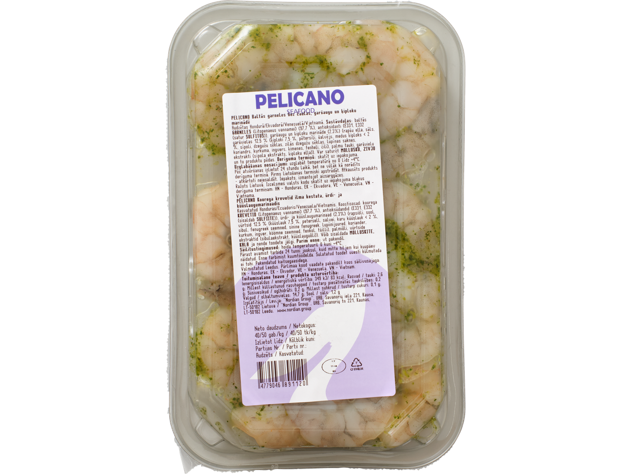 Pelicano marineeritud krevetid läbipaistvas plastpakendis.