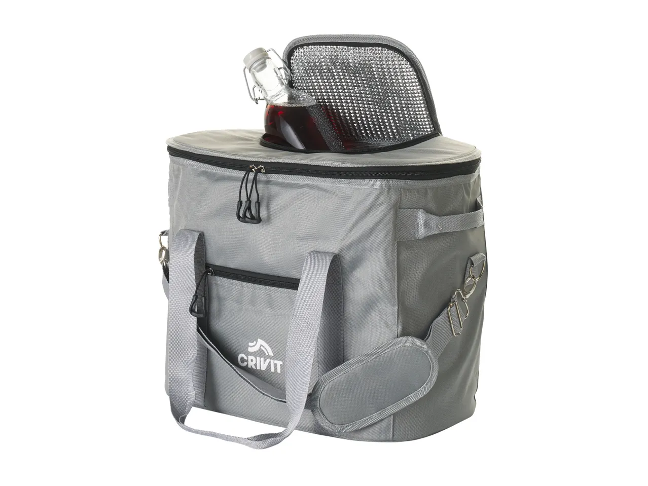 Grey cooler bag with a bottle of red liquid inside, on a white background.