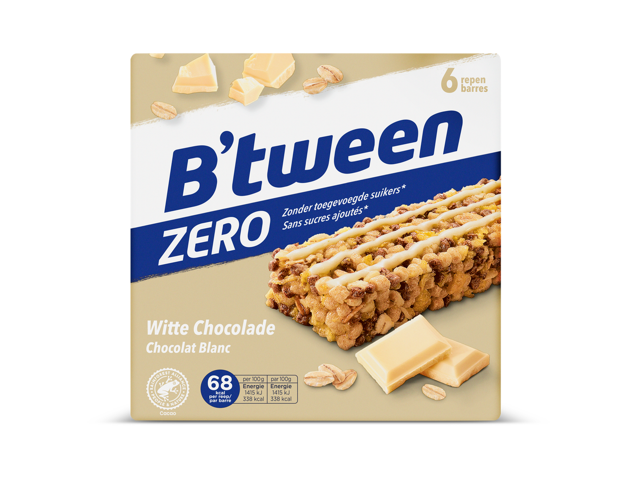 B'tween Zero witte chocolade graanrepen met 6 repen per verpakking.