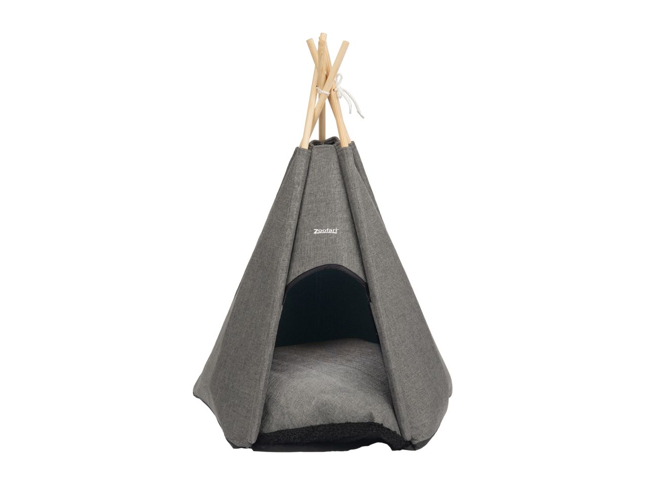 Grey pet teepee with wooden poles and a soft cushion inside.