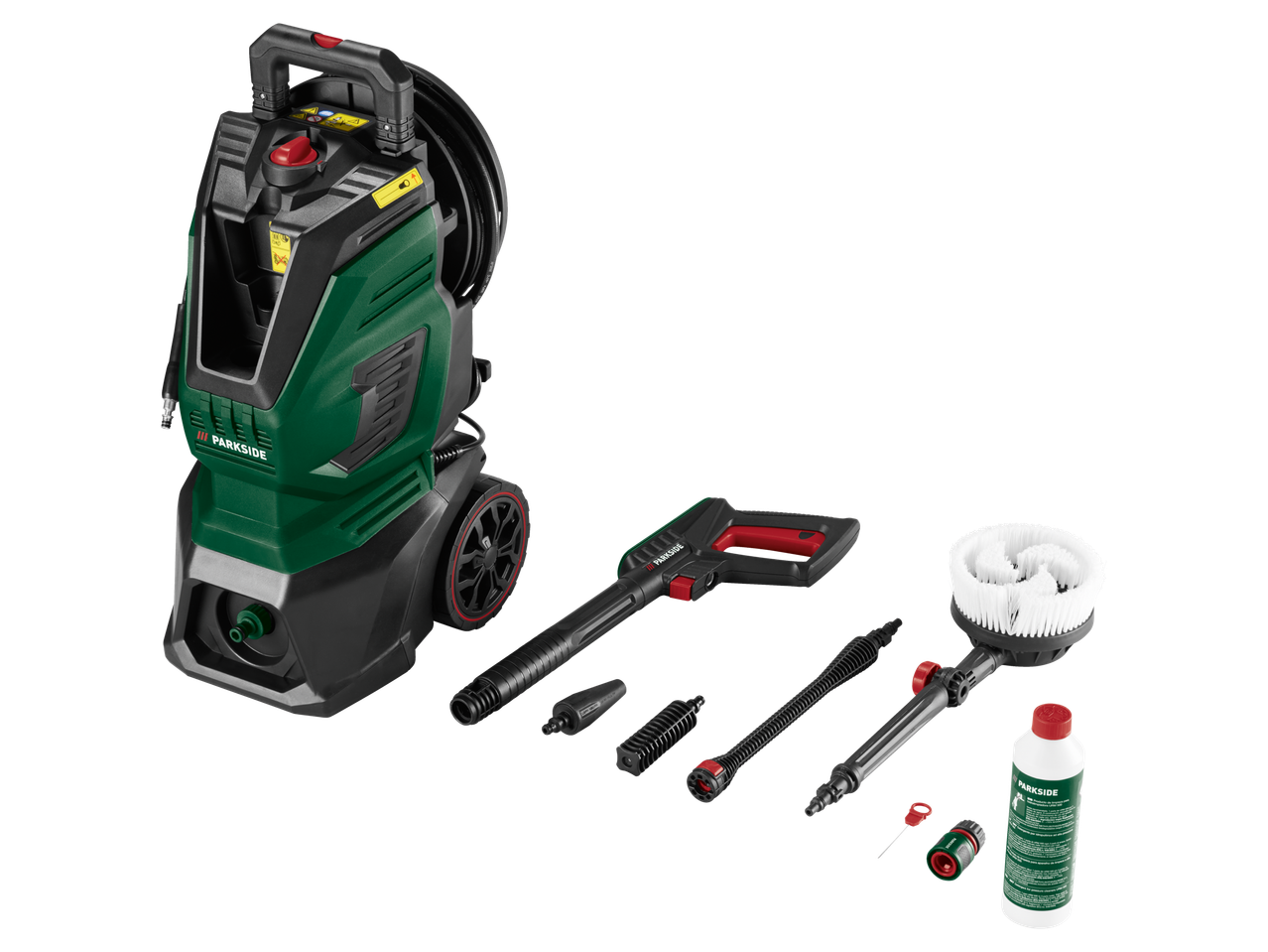 Parkside® augstspiediena mazgātājs ar tīrīšanas piederumiem, ieskaitot birsti un mazgāšanas līdzekli.