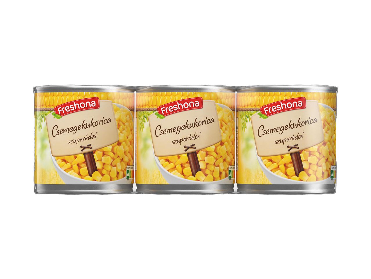 Három Freshona csemegekukorica konzerv, szuperédes felirattal.