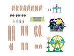 A wooden train set with tracks, cars, figures, and amusement park attractions.