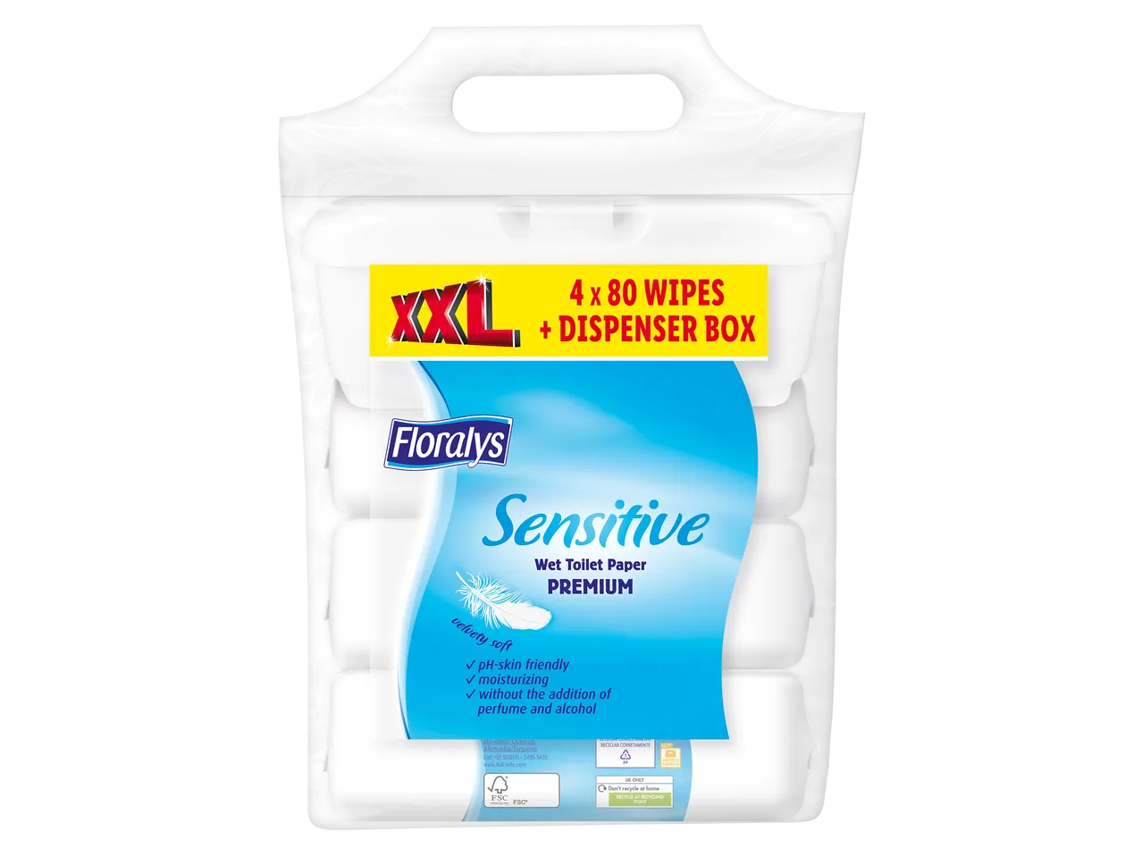 Paquet de lingettes humides pour toilettes, 4 x 80 lingettes, avec boîte distributrice, doux et respectueux de la peau.