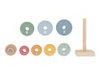 Wooden stacking toy with numbered rings 1-7 in pastel colors and a rainbow top piece.