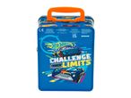 Blue metal tin with an orange handle, featuring racing cars and the text 'CHALLENGE YOUR LIMITS'.