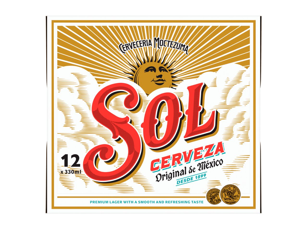 Label for a 12-pack of Mexican lager beer, featuring a sun and clouds design.