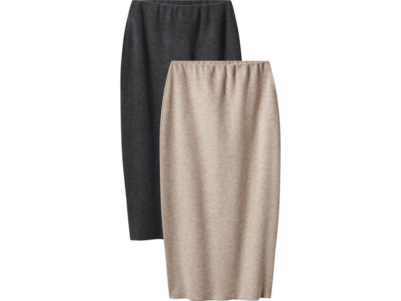 Två stickade kjolar, en mörkgrå och en beige, med resår i midjan.