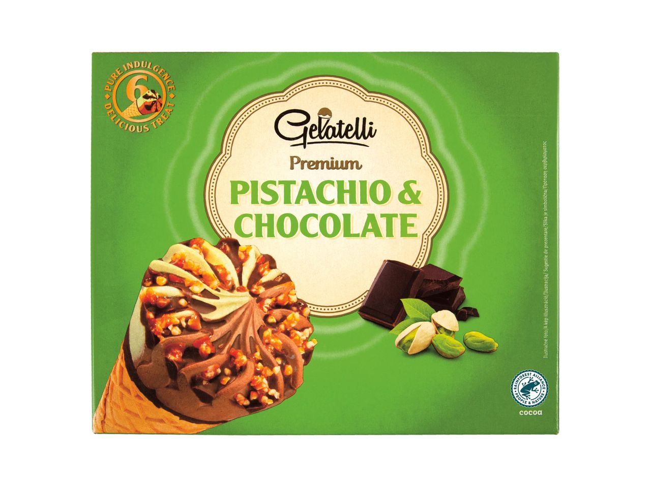 Înghețată Gelatelli Premium: pistacii și ciocolată în cornet.