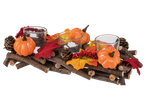 LIVARNO home Autumn Decorations Assortment with pumpkins, pinecones, berries, and leaves on a wooden base.