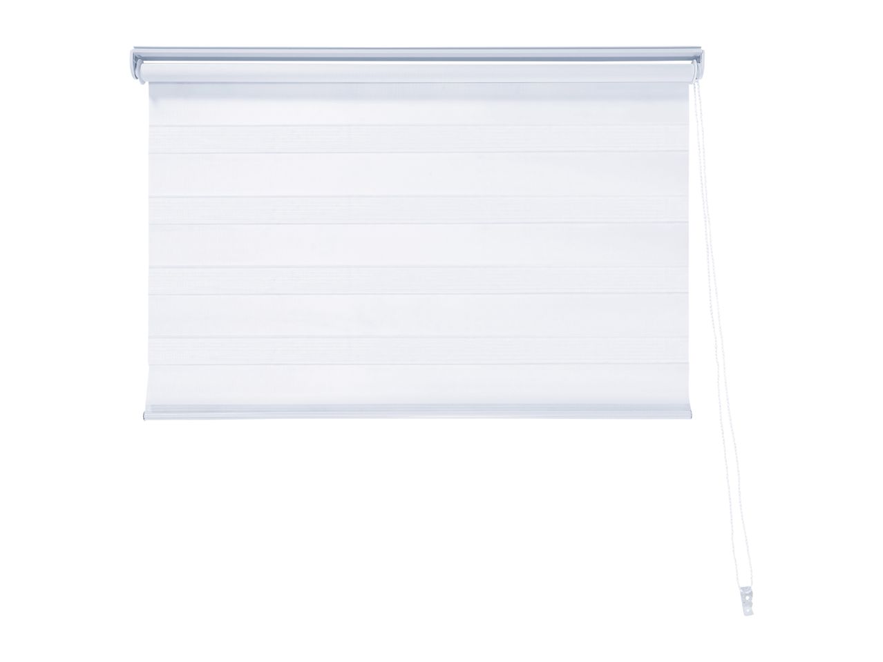 White zebra blinds with a pull chain on a white background
