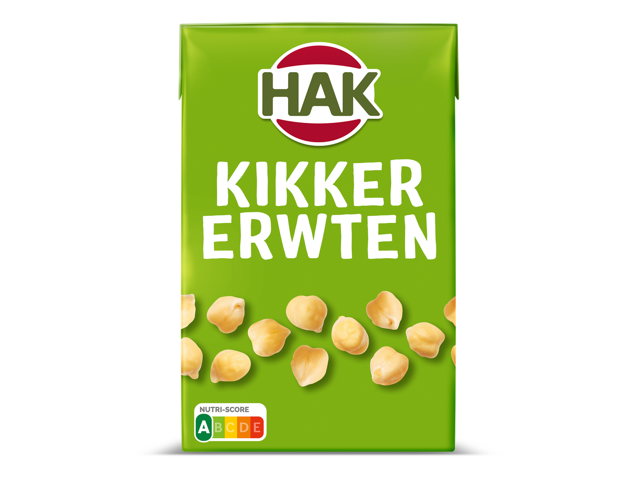 Groene verpakking met kikkererwten en Nutri-Score A-E.