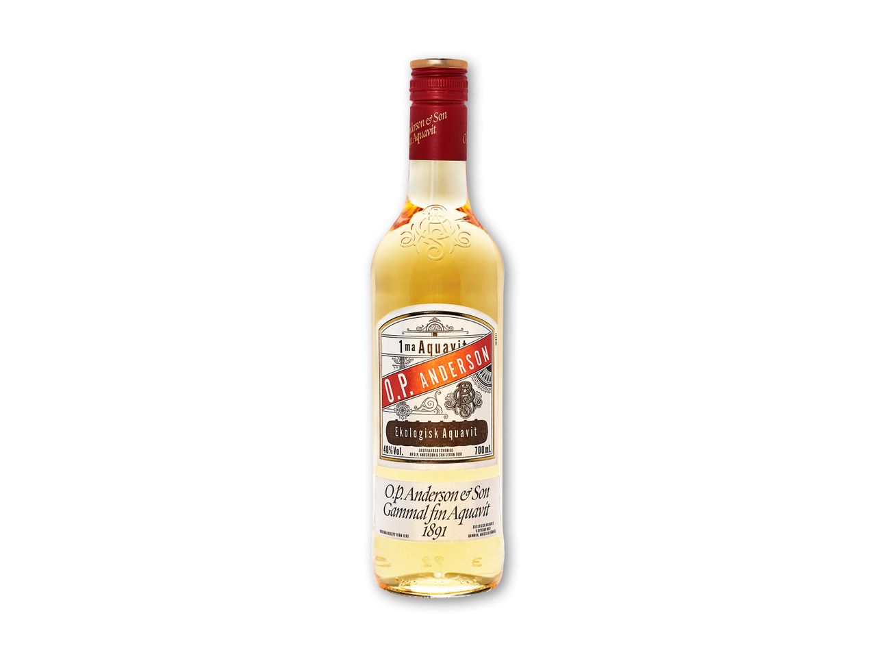 En flaske økologisk akvavit med en rød og hvid etiket, der angiver 40% vol. og 700 ml.