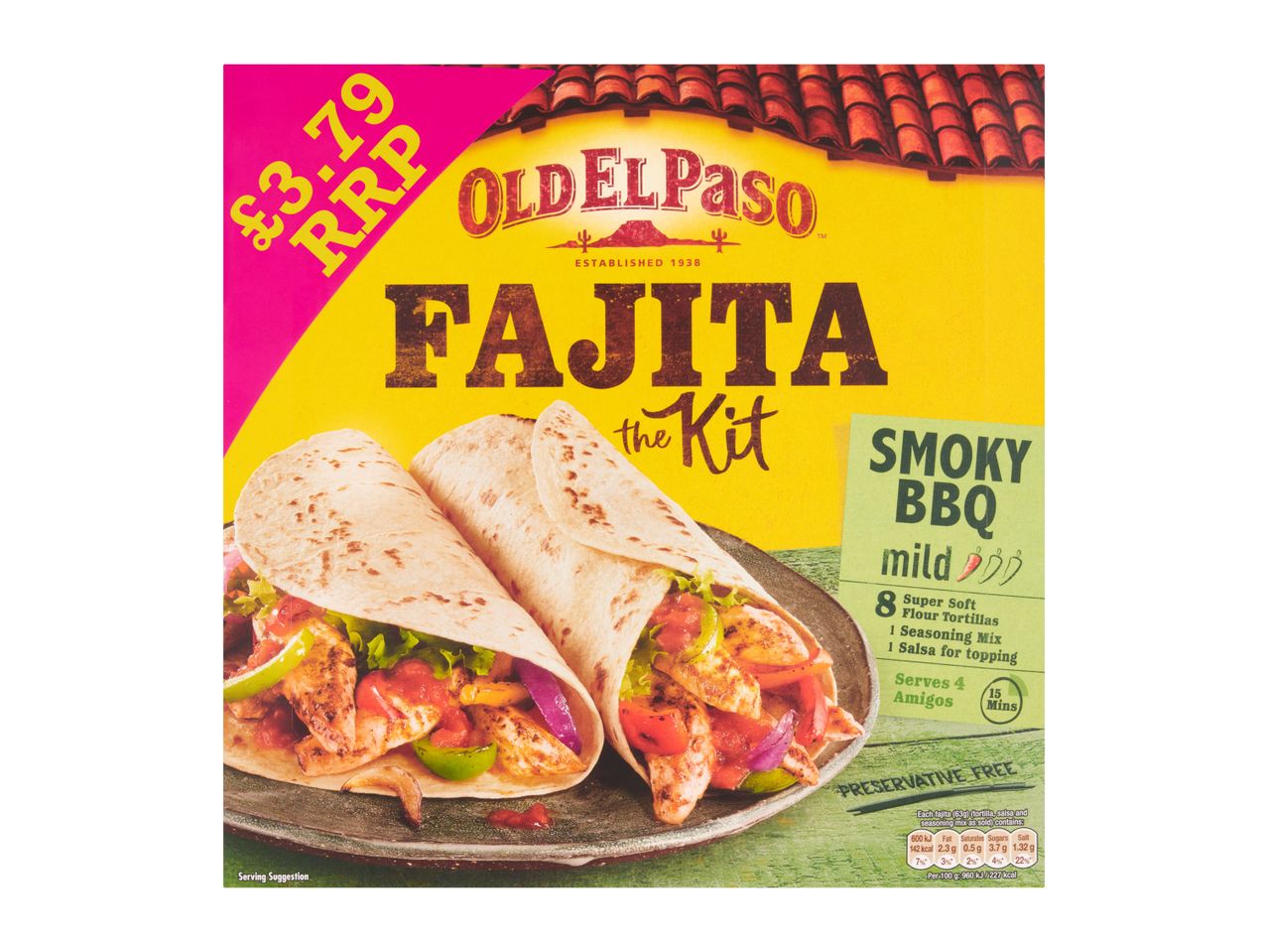 Old El Paso Fajita Kit with Smoky BBQ flavor, showing wrapped tortillas.