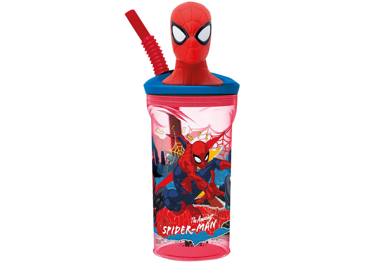 Spider-Man themed bottle with a red straw and a Spider-Man head on top, featuring 'The Amazing Spider-Man' text.