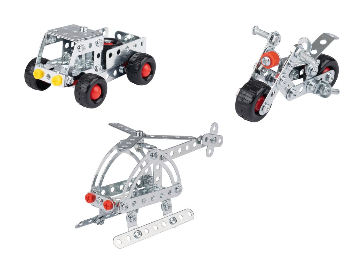 Tre metalmodelbyggesæt: en ATV, en motorcykel og en helikopter.