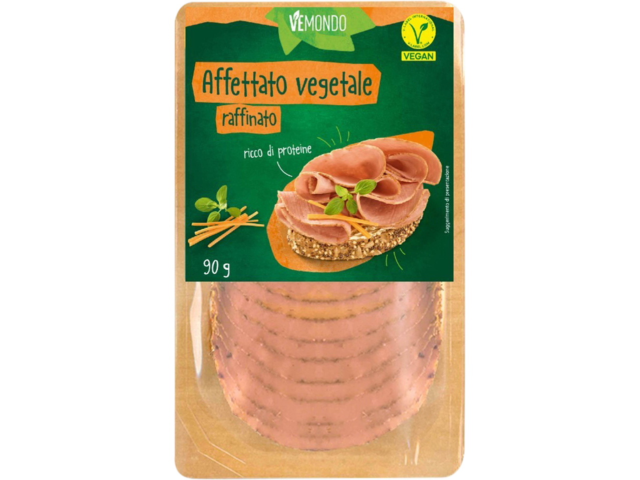 Confezione di affettato vegetale VEMOND, ricco di proteine e vegano, con suggerimento di presentazione.