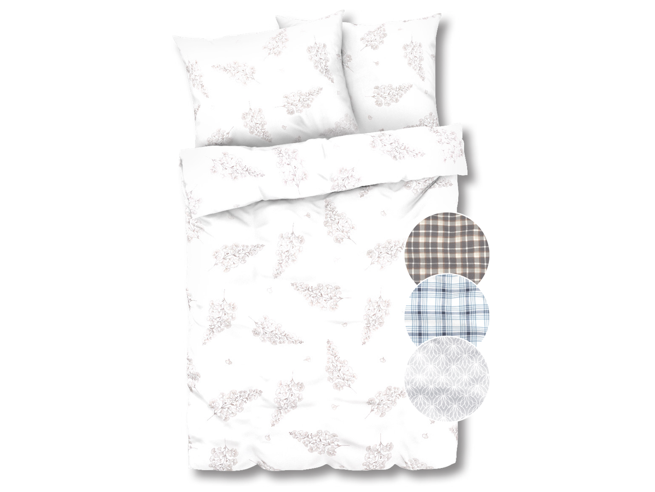 Valge voodipesu komplekt pruunide lillemustritega, kolme kangamustri näidisega