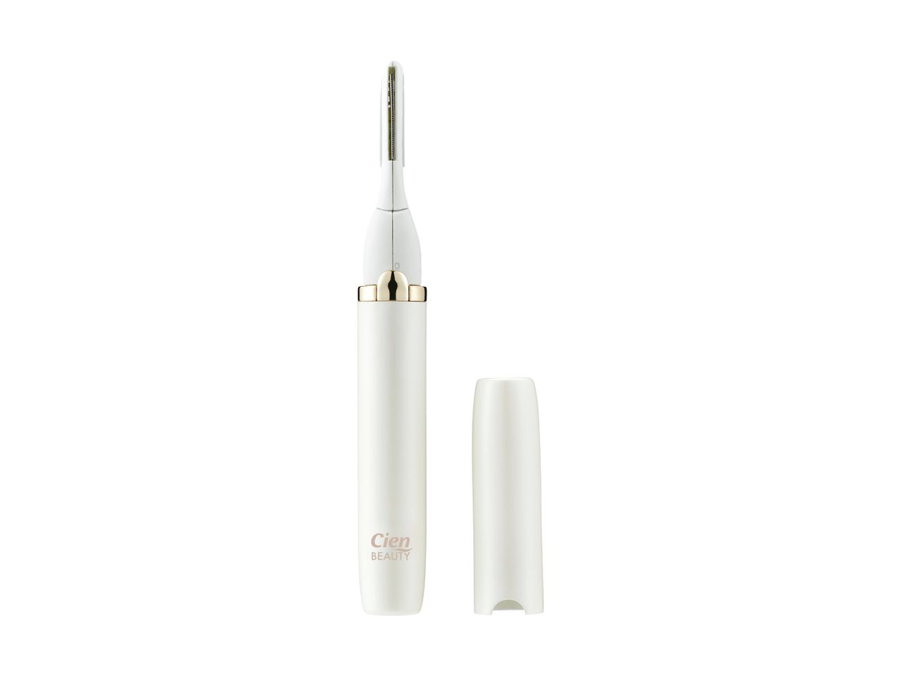 Cien Beauty white electric eyebrow trimmer with a gold accent and cap