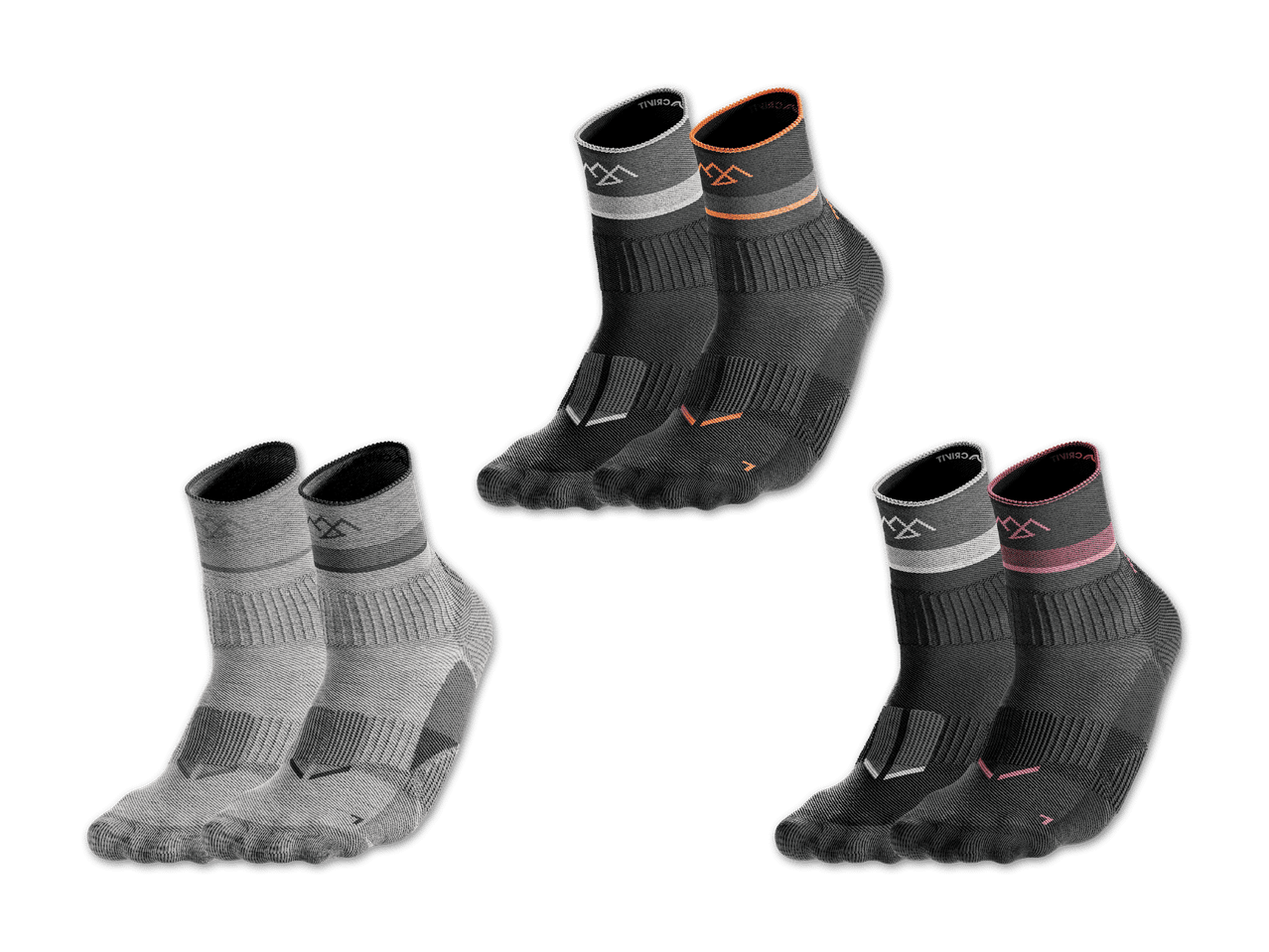 Drei Paar Sportsocken in verschiedenen Farben: Grau, Schwarz mit Orange und Schwarz mit Pink.