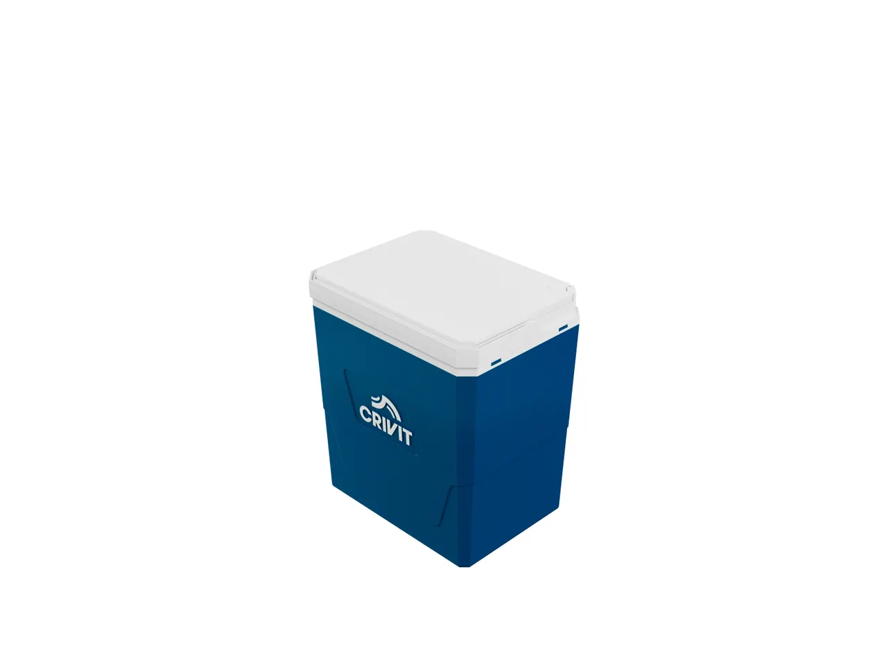 A Crivit blue and white Cool box is shown against a white background.