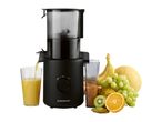 Black juicer pouring orange juice into a glass, surrounded by fresh fruit.