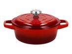 Red cast iron Dutch oven with lid and silver knob