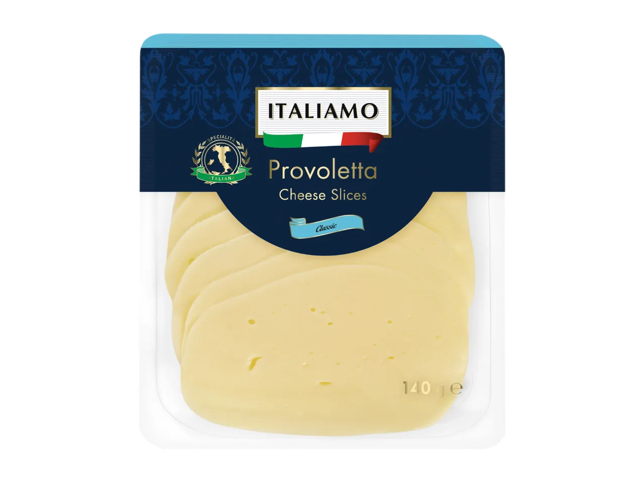 Pack of Italian Provolone cheese slices, 140g, with a classic design.