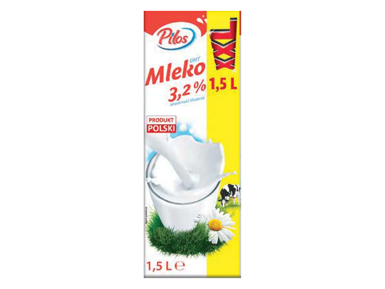 Pieno pakuotė su 3,2% riebumo pienu, 1,5 L tūrio, su užrašu „Produkt Polish“.
