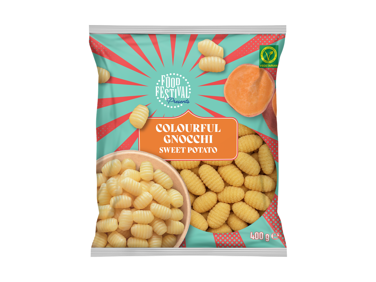 Sachet de gnocchis colorés à la patate douce, avec un motif festif et l'indication végétarien.