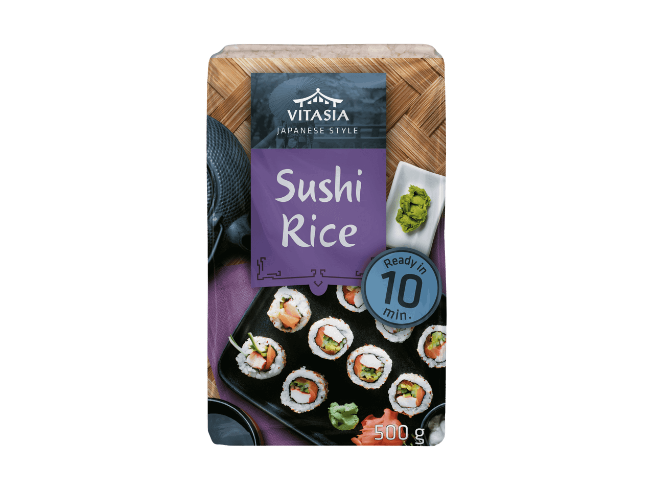 Paquet de riz à sushi avec image de sushis, wasabi et sauce soja, prêt en 10 minutes.