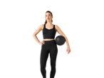 O femeie în haine de sport negre ține o minge medicinală.