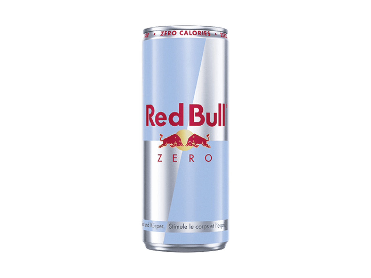 Kalorienfreie Energy-Drink-Dose mit roter Schrift und hellblauem Hintergrund.