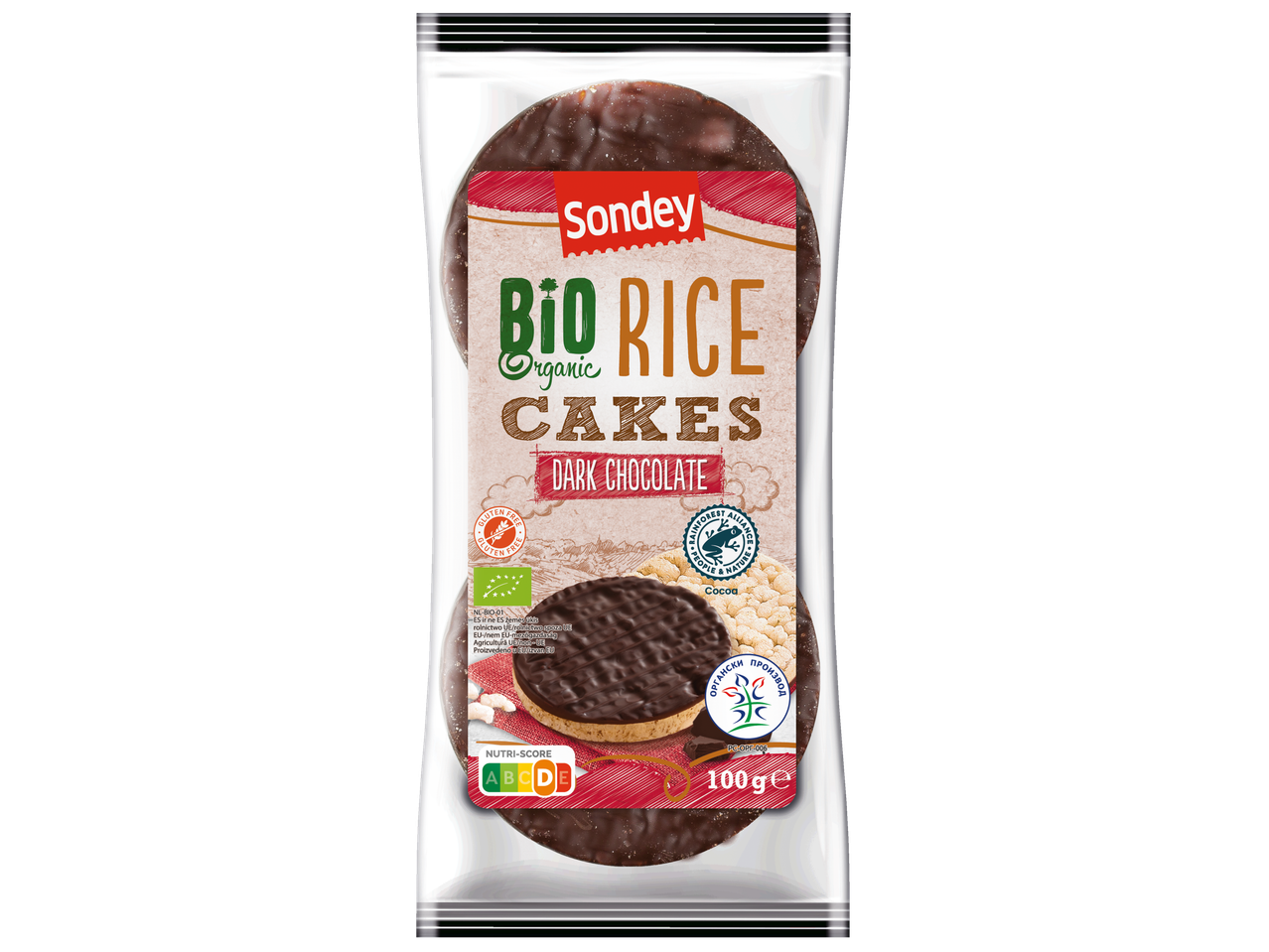 Sondey Bio rizskrékerek sötét csokoládéval.