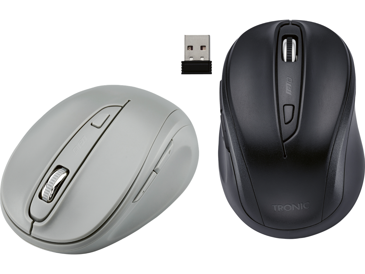 Två trådlösa Tronic-möss, en grå och en svart, med en USB-mottagare.