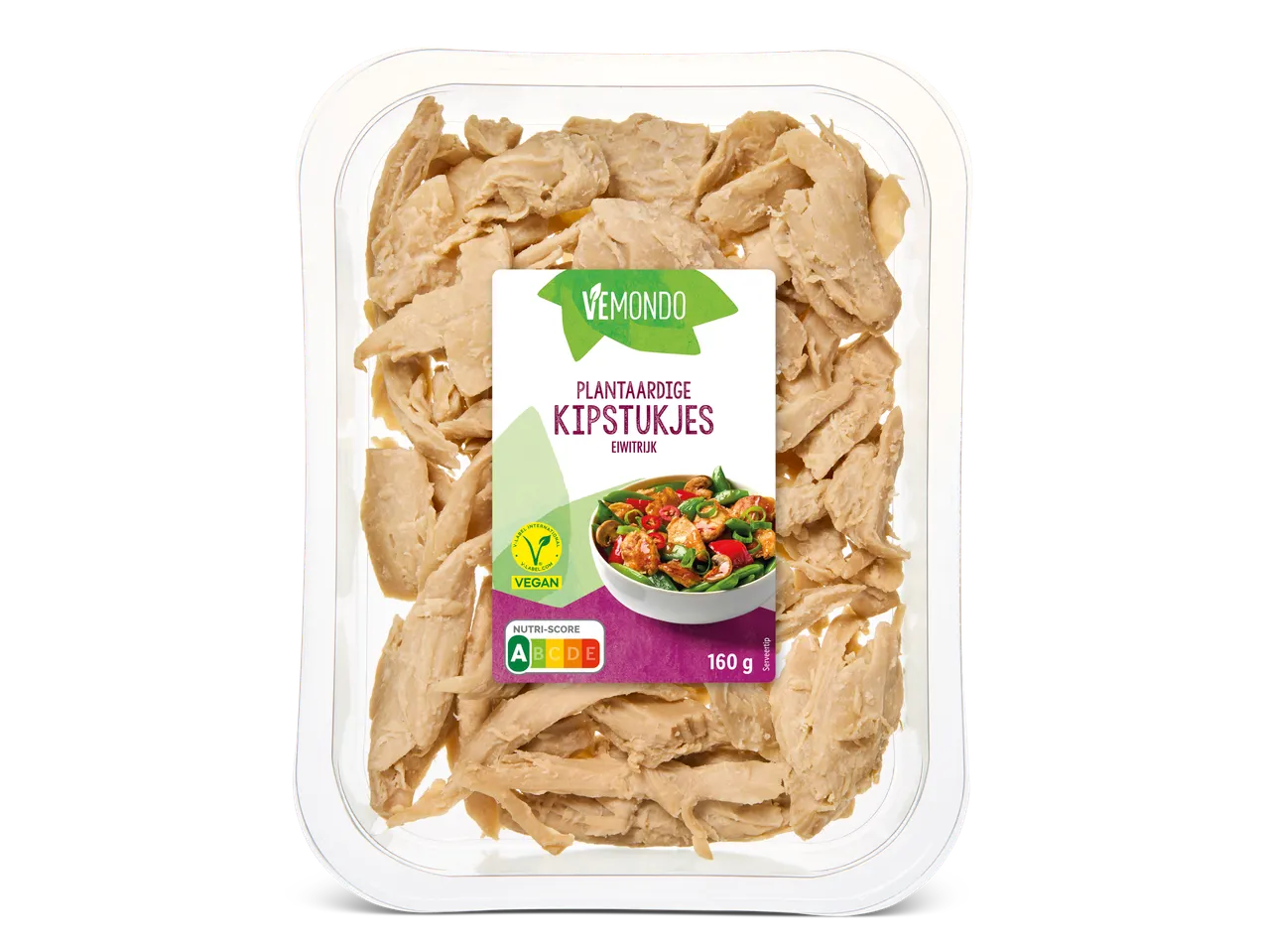 Vemondo vegan kipstukjes: 160g plantaardig product.