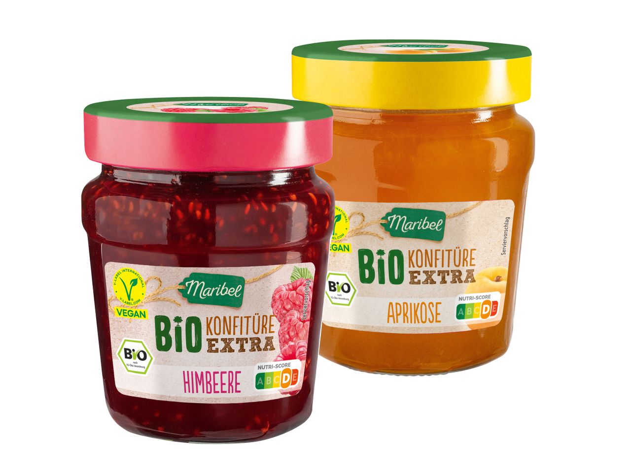 Zwei Gläser Maribel Bio Konfitüre Extra, Himbeere und Aprikose.