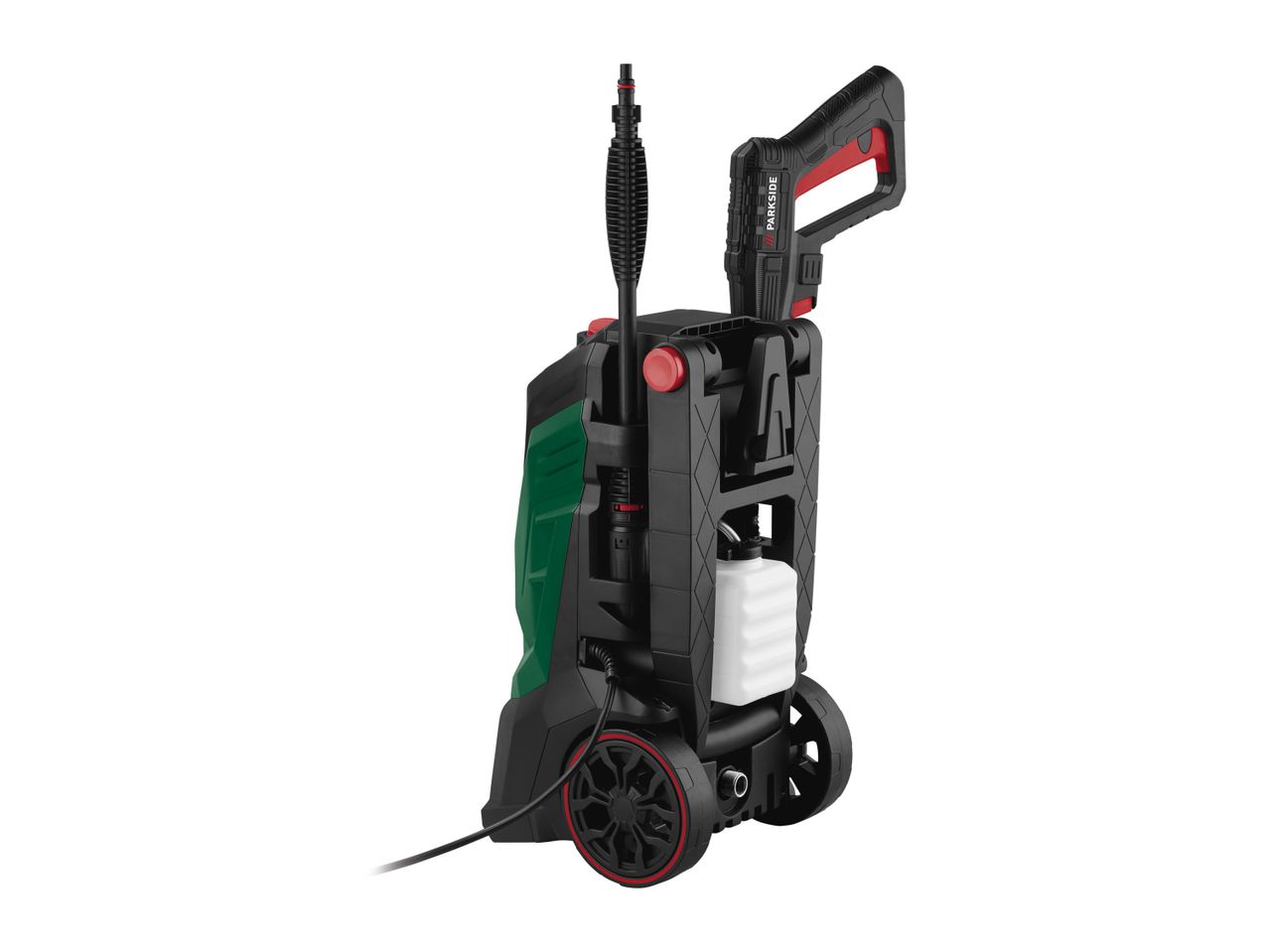 A portable, wheeled pressure washer, possibly a Ryobi model, is shown.