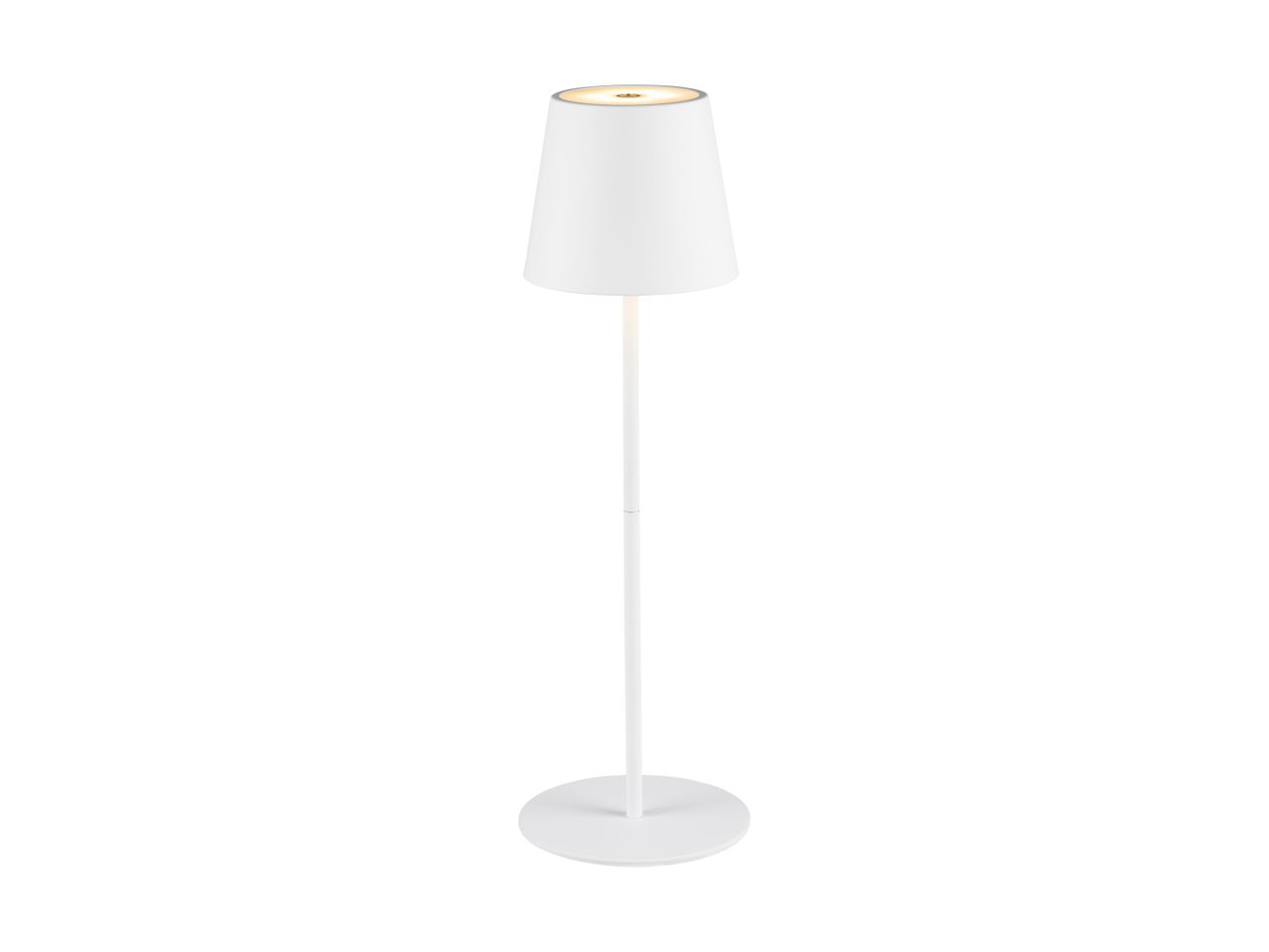 Hvid gulvlampe med en konisk skærm og en rund base, der lyser opad.