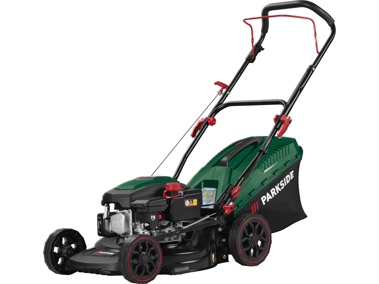 Parkside® Petrol Lawnmower with green housing and black grass catcher