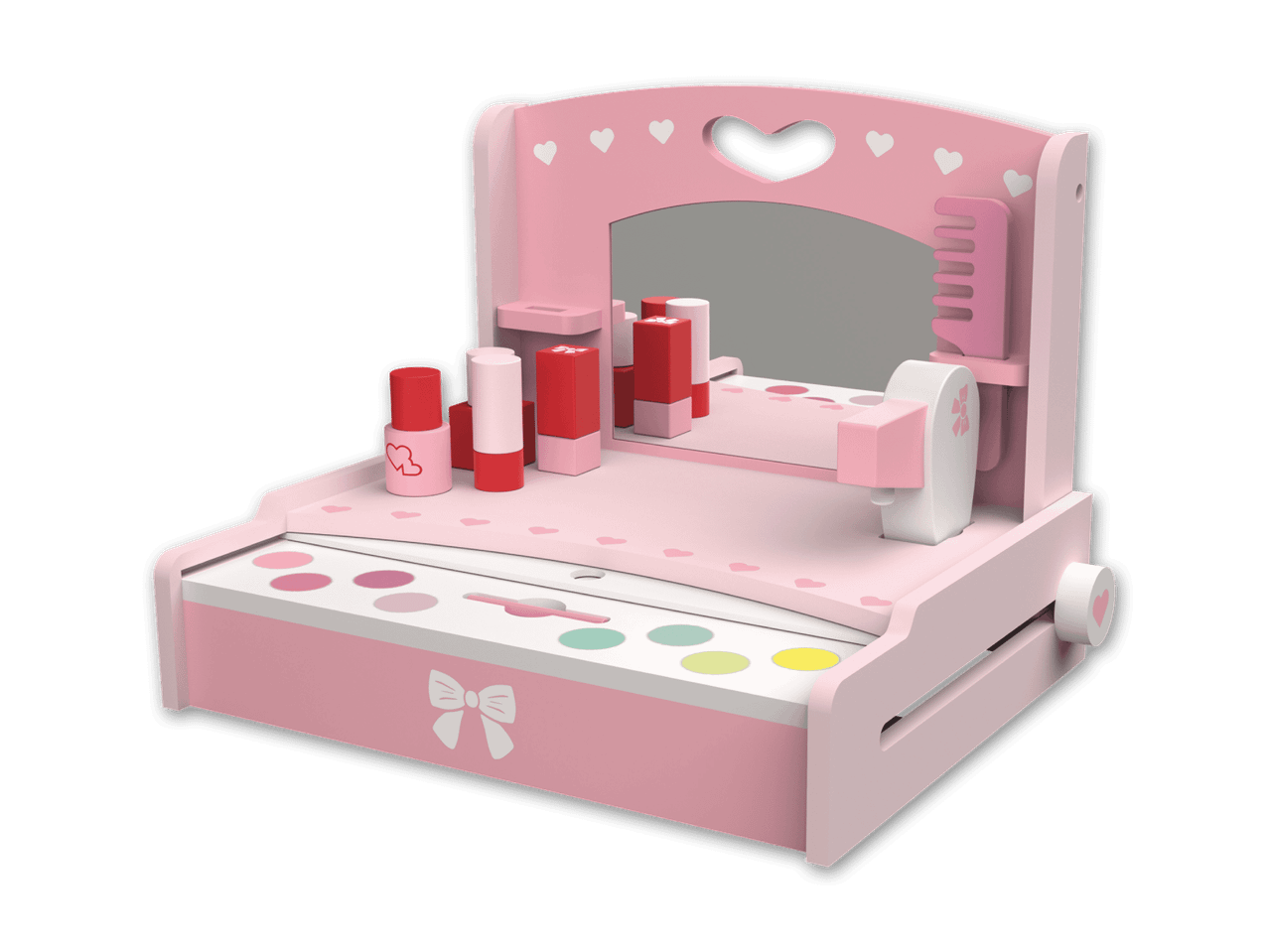 Rosa Schminktisch aus Holz mit Spiegel, Lippenstiften, Nagellack und Lidschattenpalette.