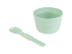 Pale green cup and spoon for kids.