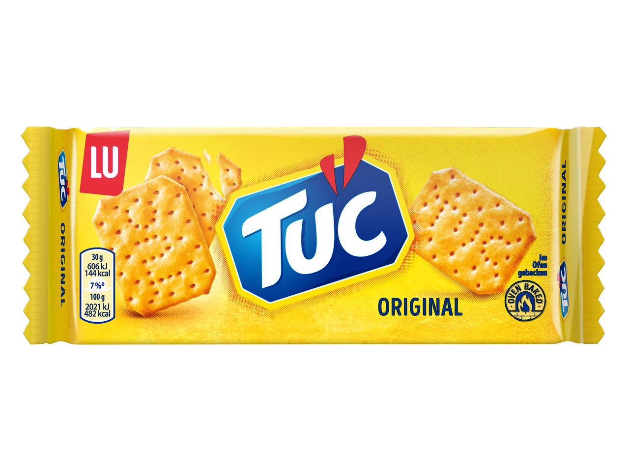 Gele verpakking met crackers, met de tekst 'ORIGINAL' en voedingswaarden.