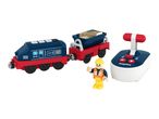 Toy train set with a blue engine, red wagon, construction worker figure, and remote control.