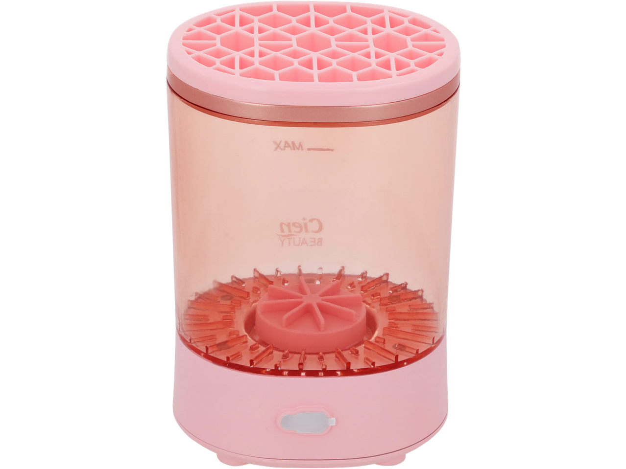 Pink makeup brush cleaner with a hexagonal grid top and a MAX fill line.