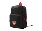 Black backpack with red accents and a football club emblem on the front pocket.