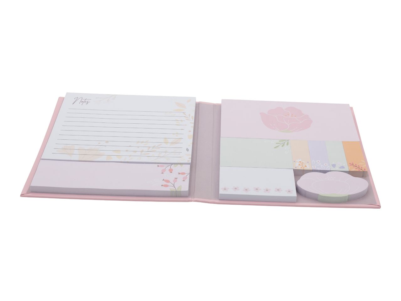 Pink floral stationery set with a lined notepad, sticky notes, and flower-shaped memo pads.