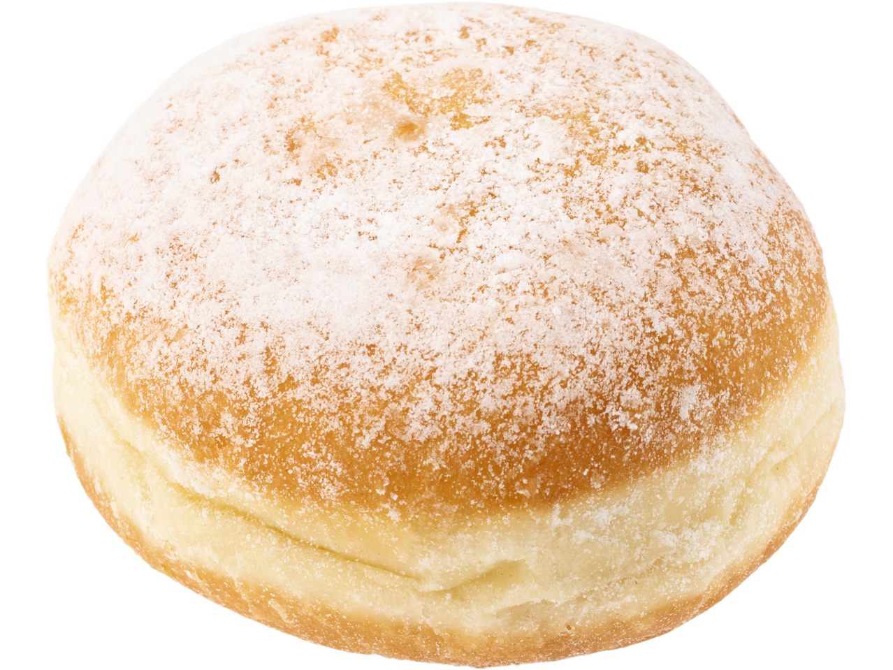 A jam-filled doughnut, generously dusted with powdered sugar.