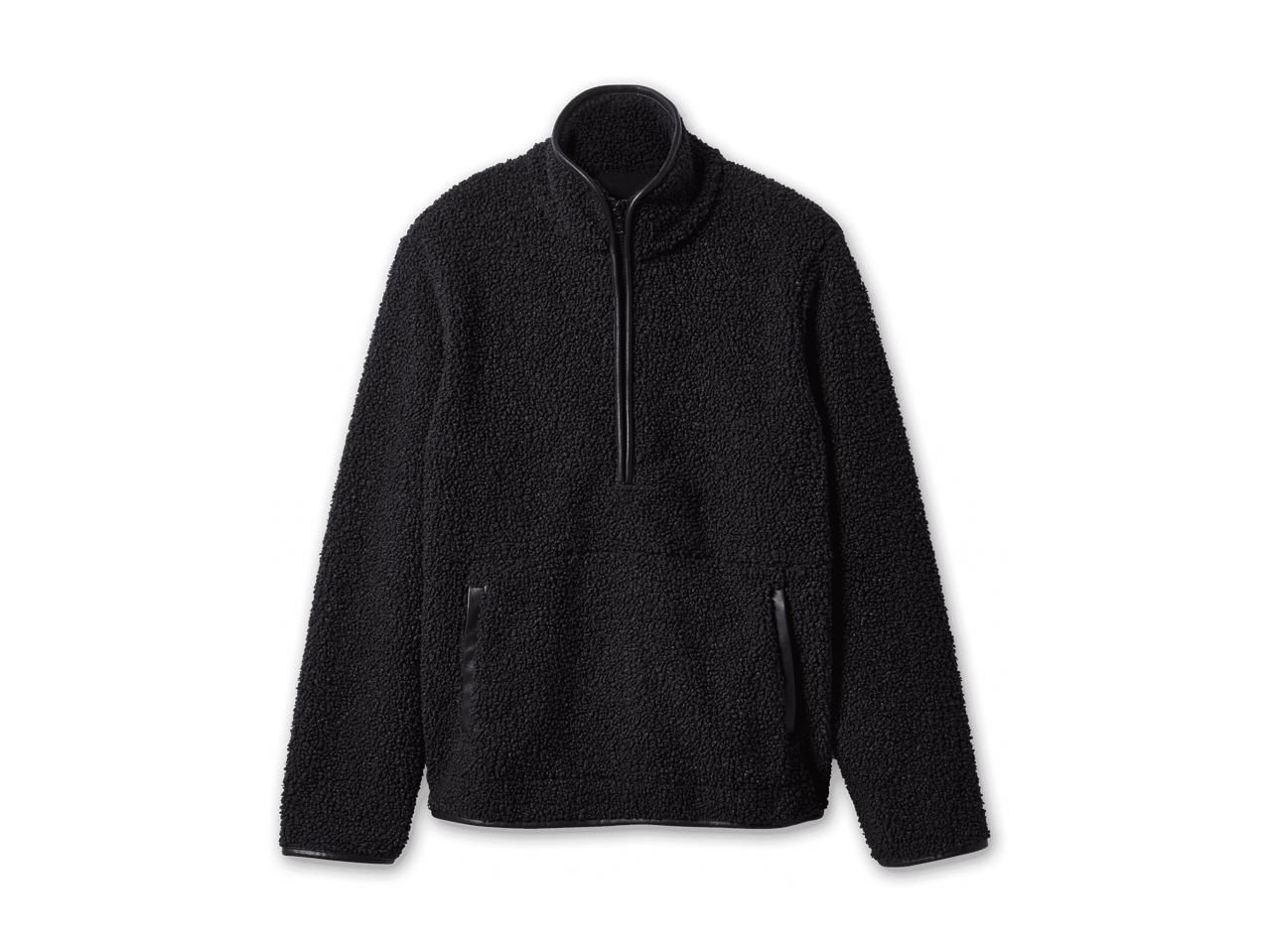 Schwarzer Fleece-Pullover mit Reißverschluss und Ledereinfassungen